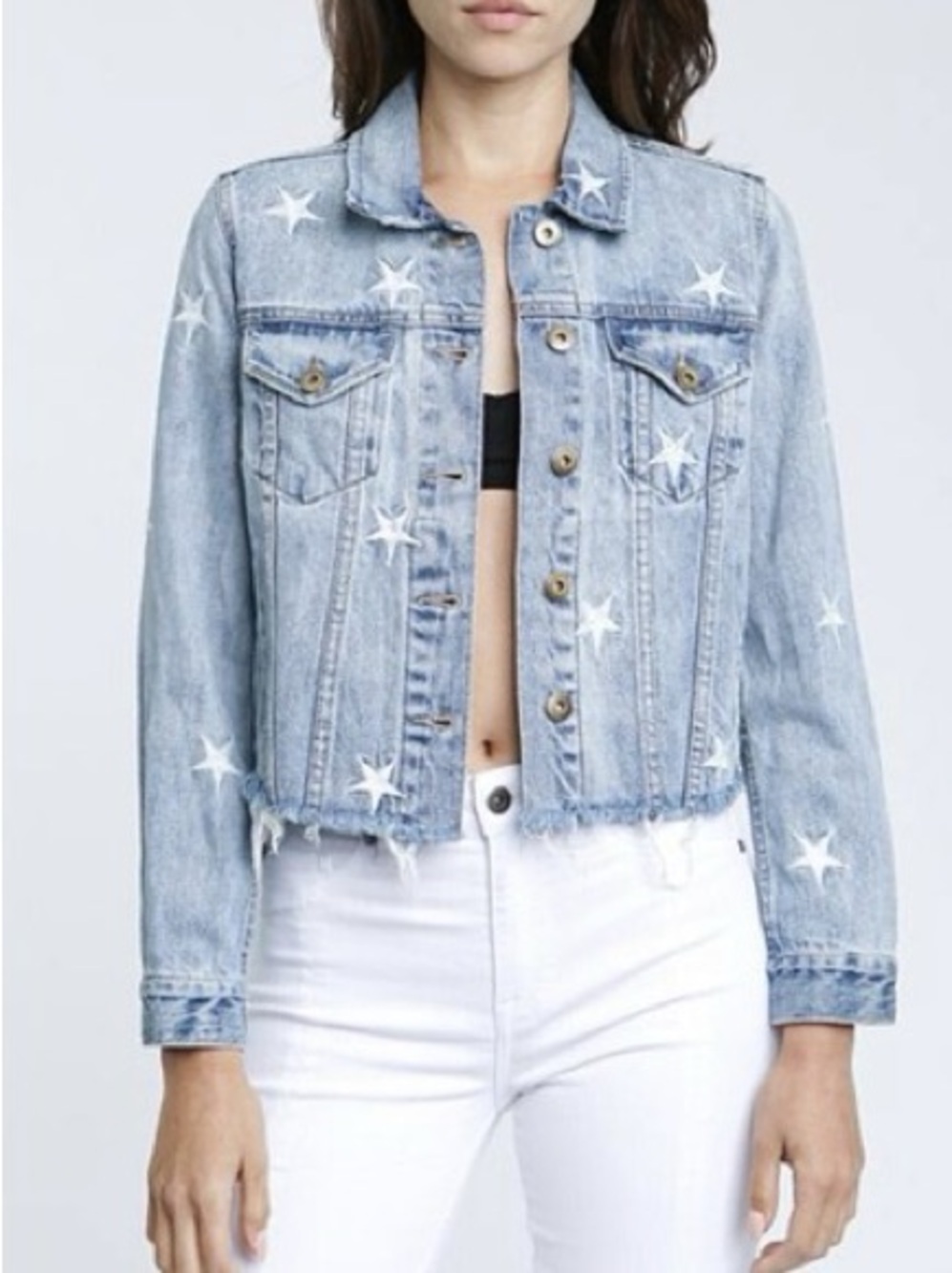 Pistola Brando Embroidered Star Distressed Cut Off Denim Blue Jean Jacket Small